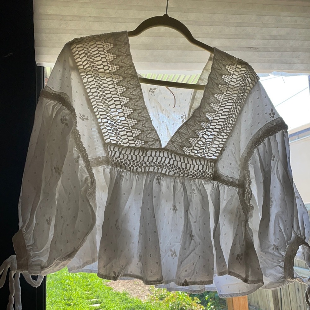 Free People Lace White V-Neck Blouse